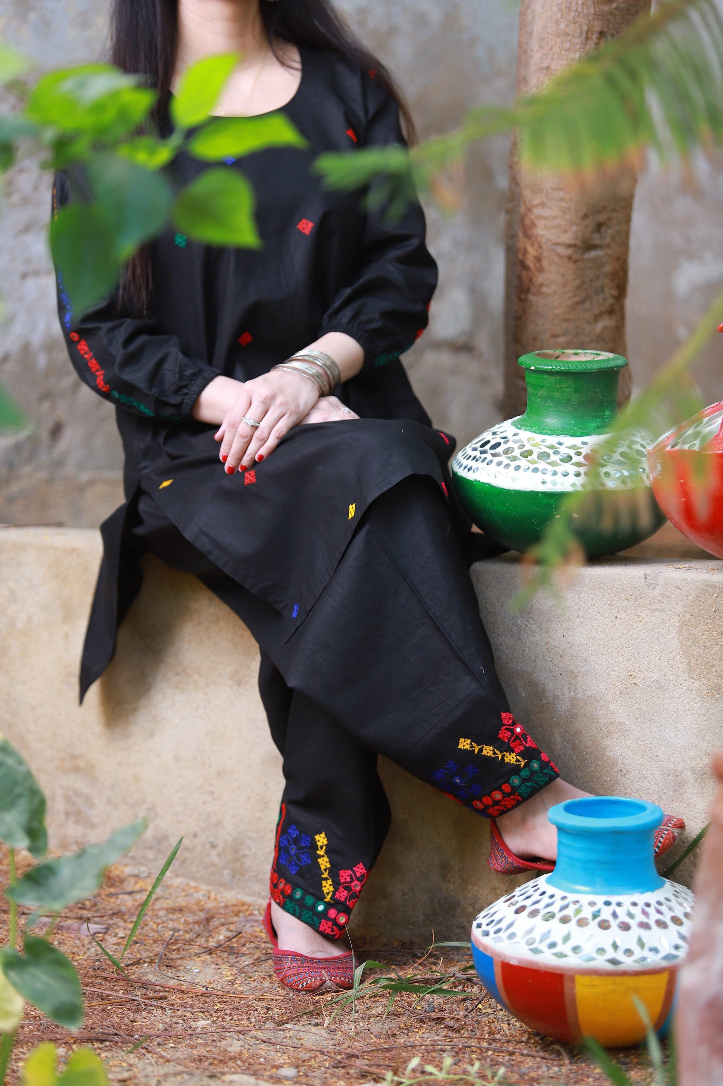 Midnight Bloom - Black Hurmuch Embroidered 2-Piece Set