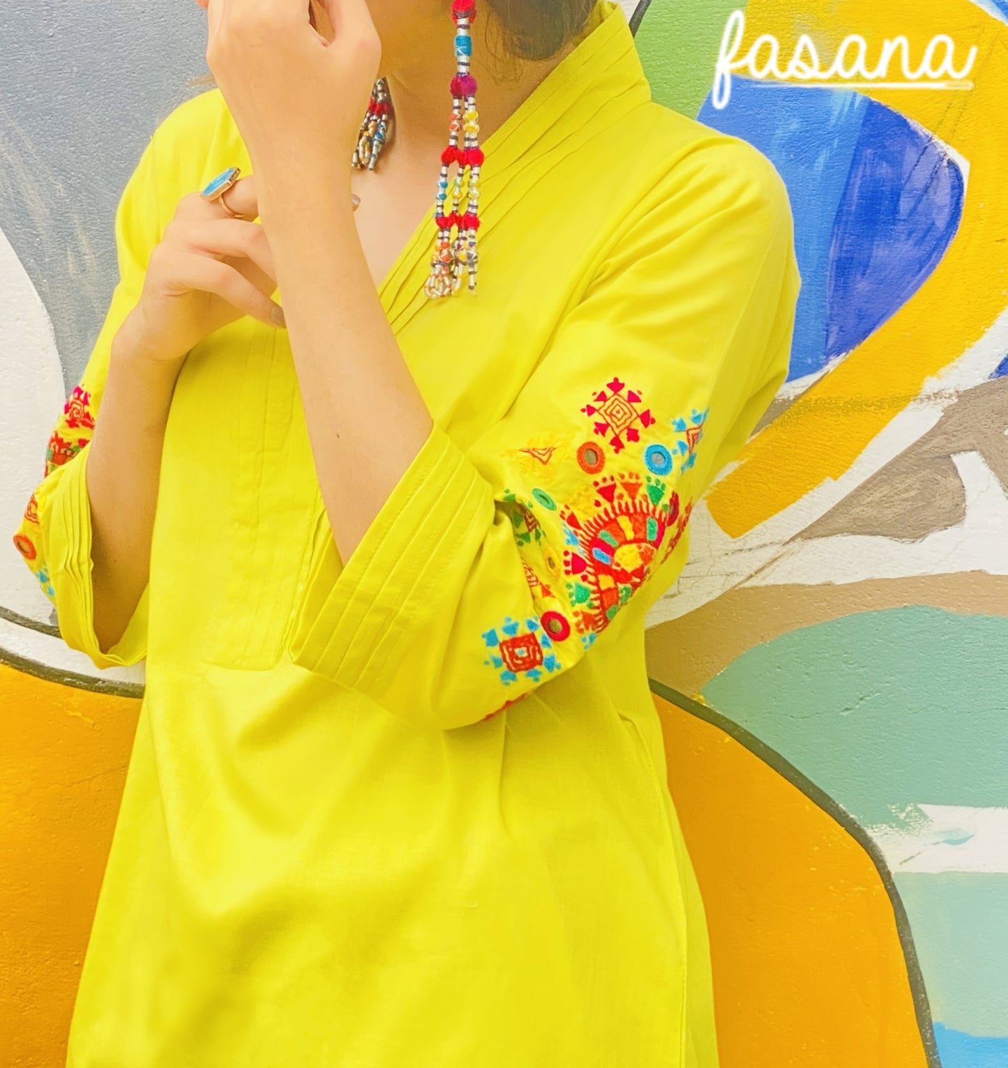 A vibrant firefly - Lime Hand-Embroidered 2-Piece Set