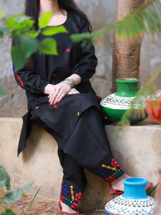 Midnight Bloom - Black Hurmuch Embroidered 2-Piece Set